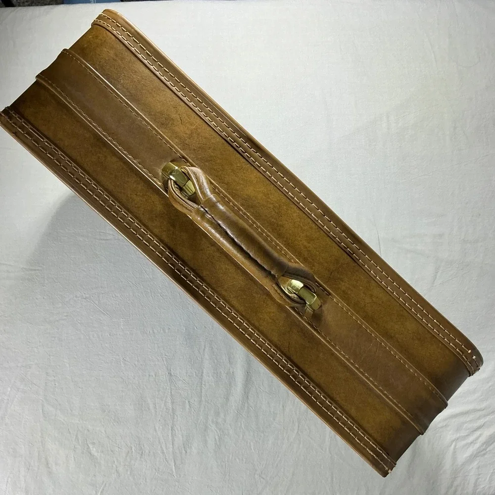 Vintage Monarch Suitcase Black Tan Stripe Damask Lined Retro Luggage Carry On